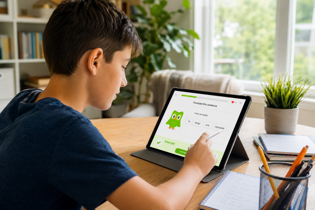 Хлопчик виконує вправи з англійської мови в застосунку Duolingo на планшеті вдома
