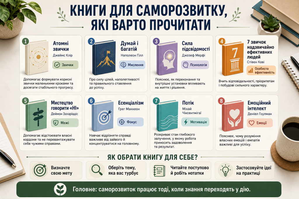 Добірка популярних книг для саморозвитку, розвитку корисних звичок, мислення, мотивації та продуктивності
