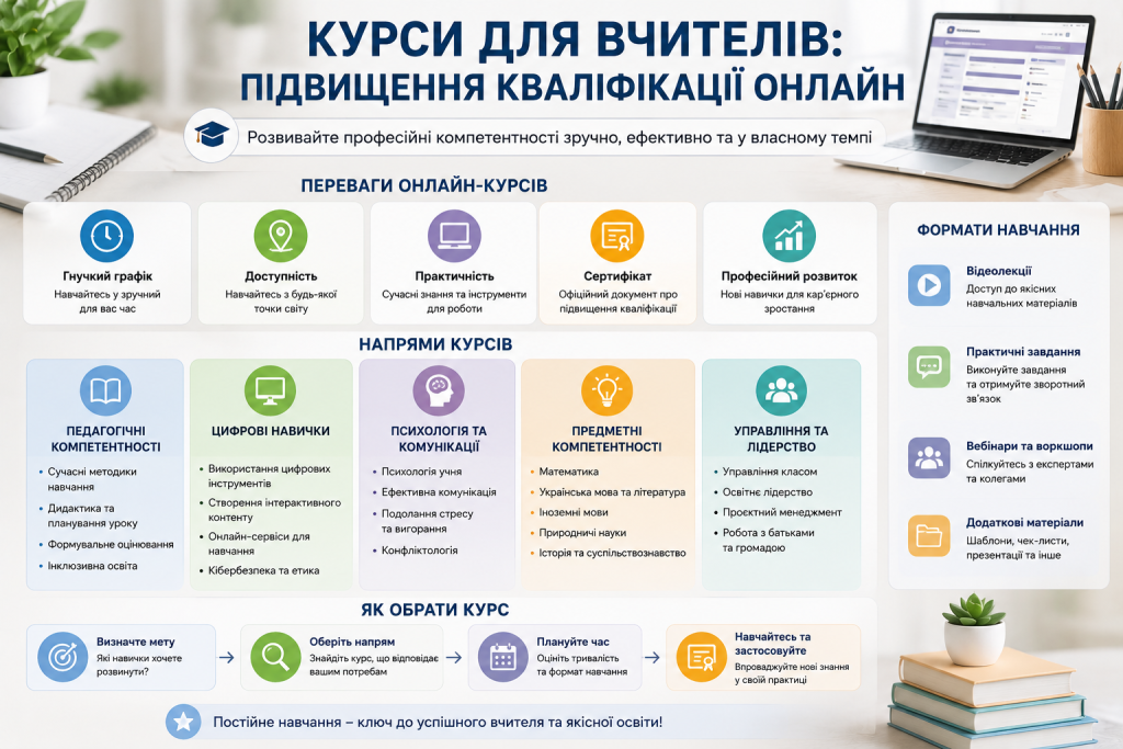Інфографіка про дистанційні курси для вчителів, напрями підвищення кваліфікації та формати навчання