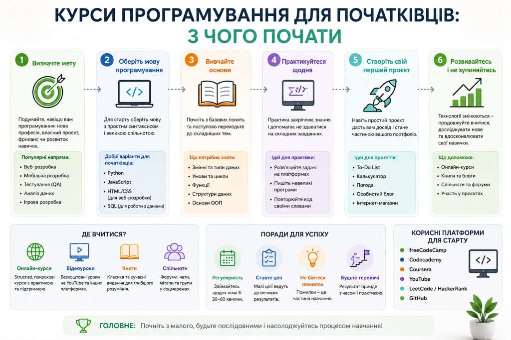 Інфографіка про вибір мови програмування, напрямів навчання та перші кроки початківця в IT