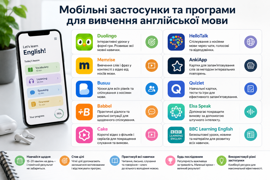 Інфографіка з мобільними застосунками та онлайн-програмами для вивчення англійської мови на різних рівнях