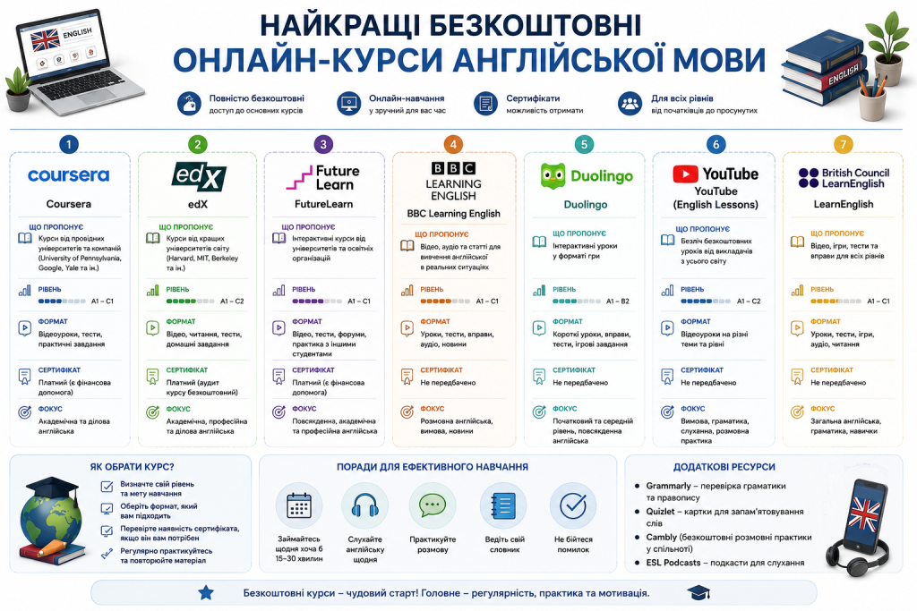 Порівняльна інфографіка найкращих безкоштовних онлайн-курсів англійської мови з описом платформ, рівнів, форматів і сертифікатів