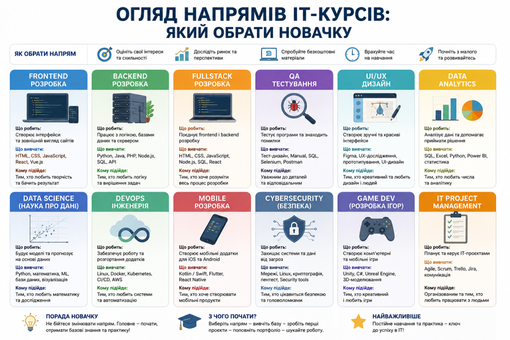 Інфографіка з напрямами IT-курсів для початківців, серед яких програмування, тестування, дизайн і аналітика