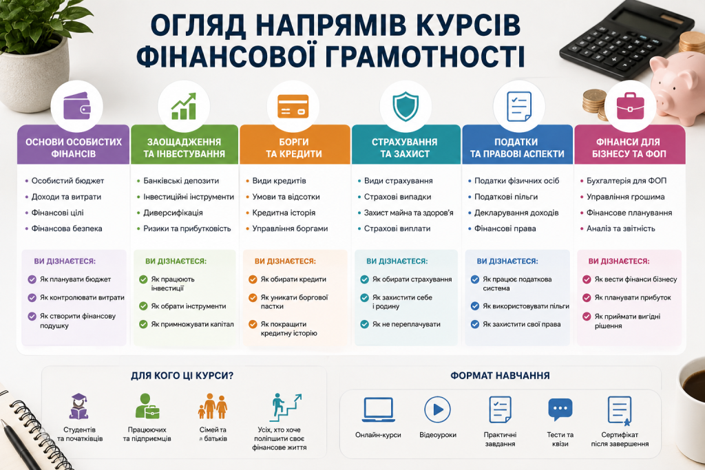 Інфографіка з напрямами курсів фінансової грамотності, бюджетування, інвестування, податків і банківських послуг