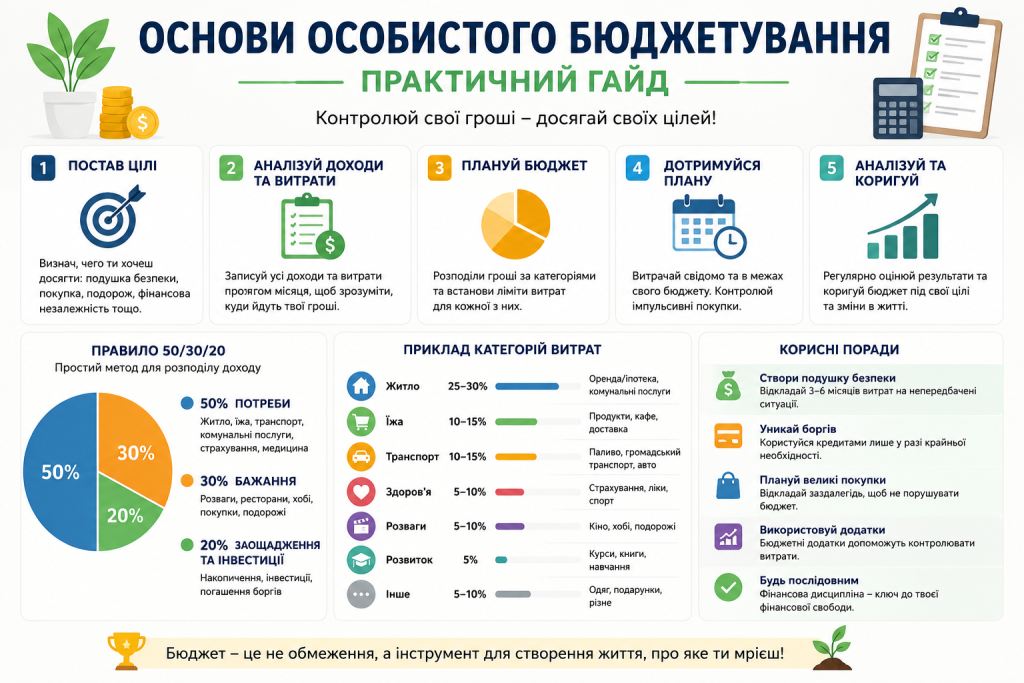 Інфографіка про складання особистого бюджету, облік доходів і витрат, заощадження та фінансові цілі