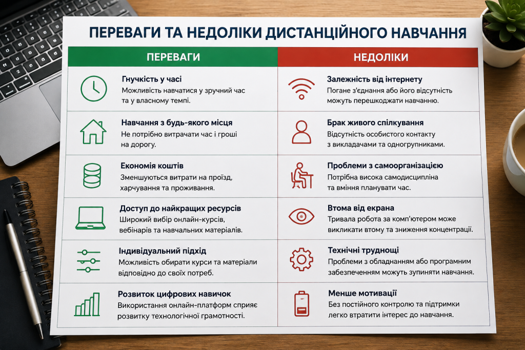 Інфографіка з порівнянням основних переваг і недоліків дистанційної форми навчання