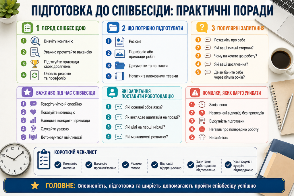 Інфографіка з правилами підготовки до співбесіди, типовими запитаннями та порадами щодо успішного працевлаштування