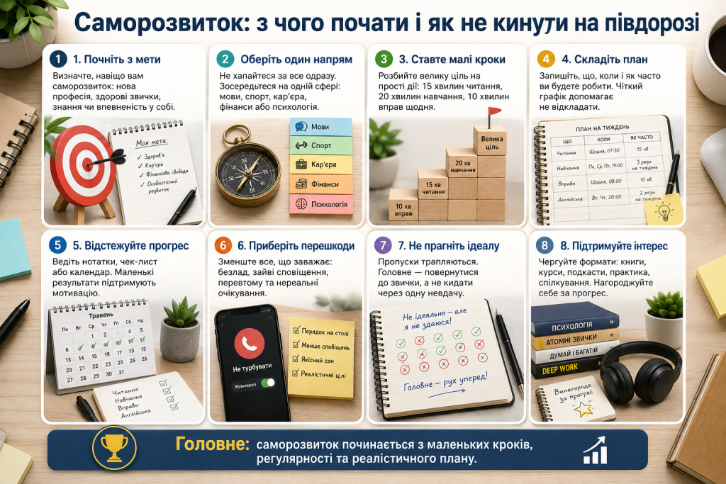 Інфографіка про основні напрями саморозвитку, постановку цілей, корисні звички та підтримання мотивації