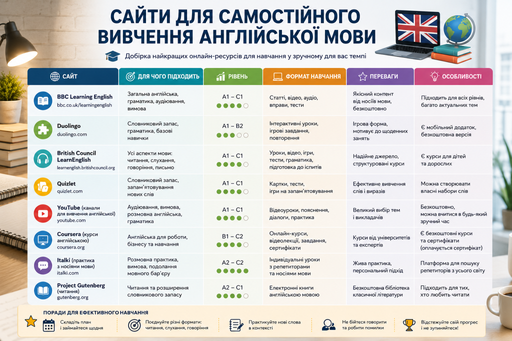 Порівняльна таблиця сайтів для самостійного вивчення англійської мови з рівнями, форматами та особливостями