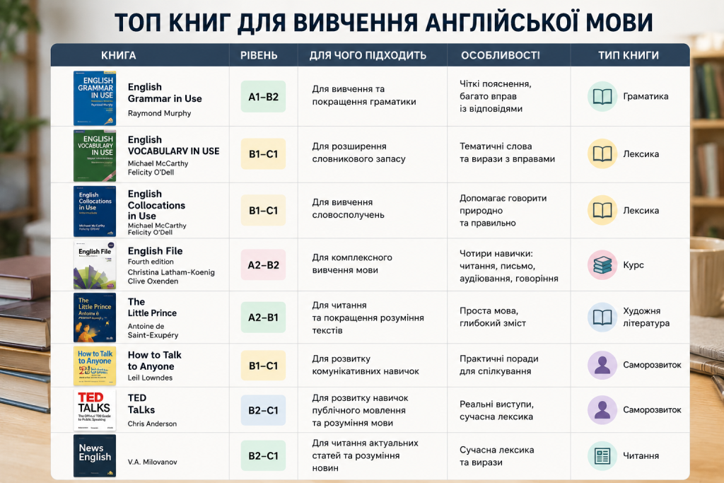 Таблиця популярних книг для вивчення англійської мови з рівнями складності, перевагами та типами навичок