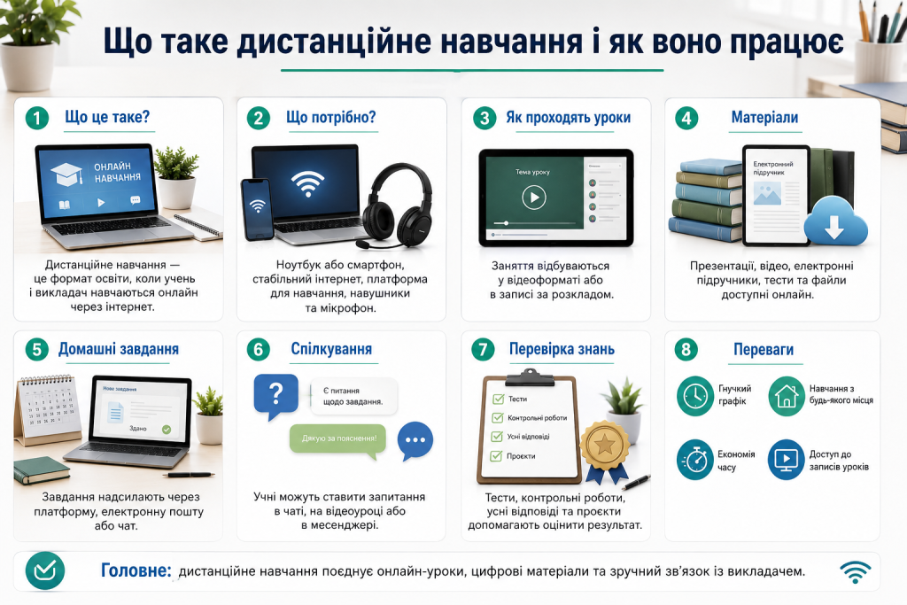 Інфографіка про дистанційне навчання, його формати, необхідні інструменти, переваги та недоліки