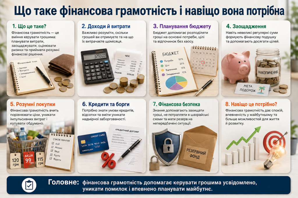 Інфографіка про основи фінансової грамотності, планування бюджету, заощадження та управління особистими фінансами