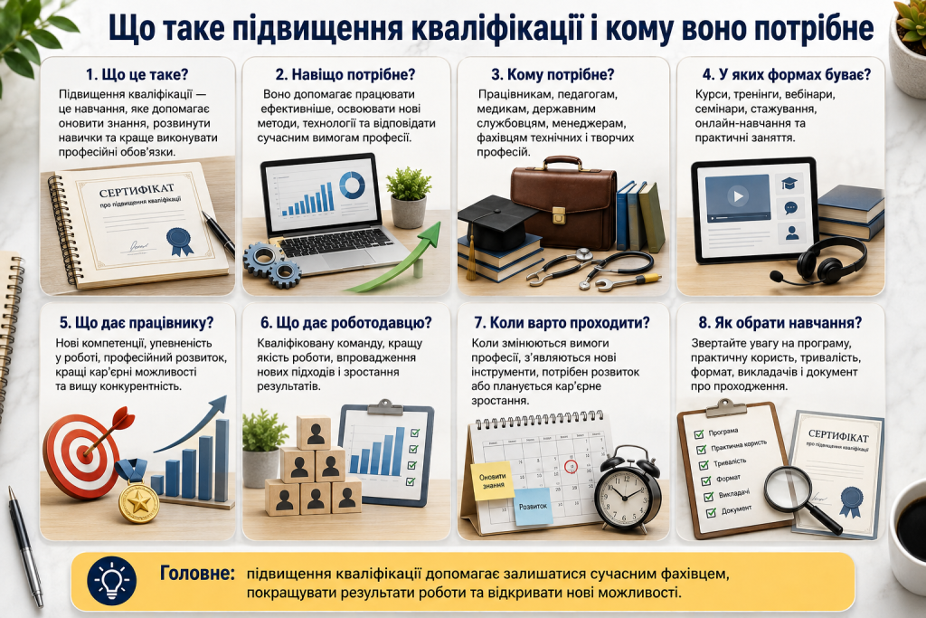 Інфографіка про підвищення кваліфікації, форми професійного навчання та переваги розвитку навичок