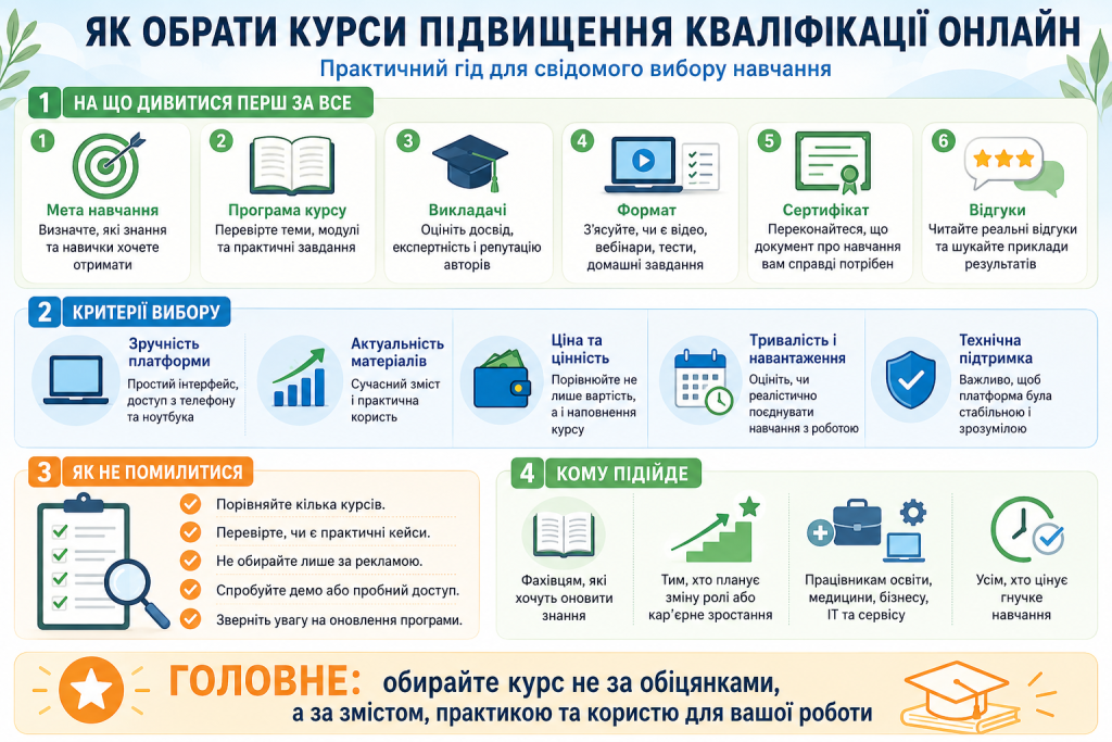 Інфографіка з критеріями вибору онлайн-курсів підвищення кваліфікації, їхніми перевагами та форматами навчання
