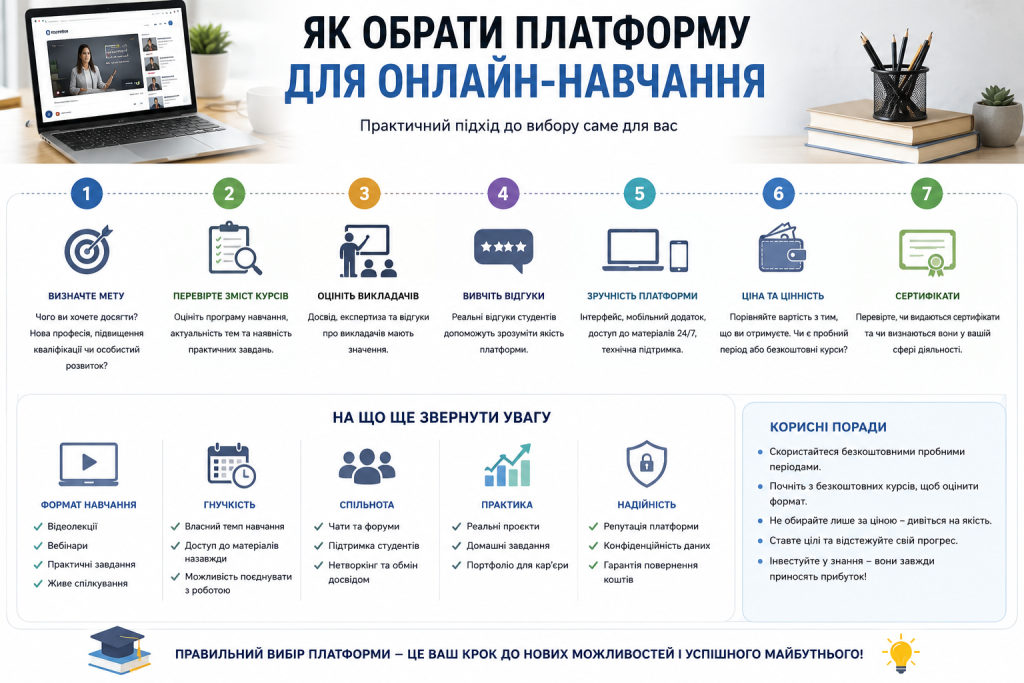 Інфографіка з основними критеріями вибору освітньої платформи для онлайн-курсів і дистанційного навчання