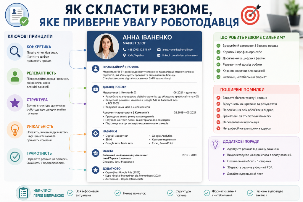 Інфографіка з правилами створення ефективного резюме, його структурою та порадами для пошуку роботи