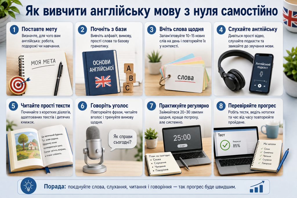 Інфографіка з порадами, як самостійно вивчити англійську мову з нуля та розвинути основні мовні навички