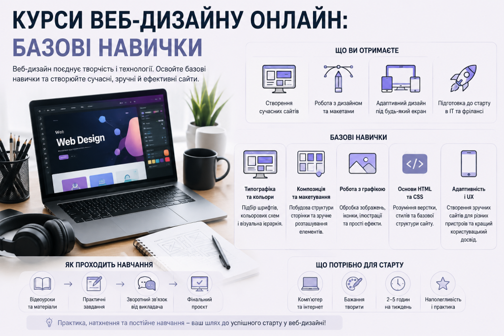 Інфографіка про онлайн-курси веб-дизайну, базові навички, адаптивний дизайн, HTML, CSS, графіку та роботу з макетами