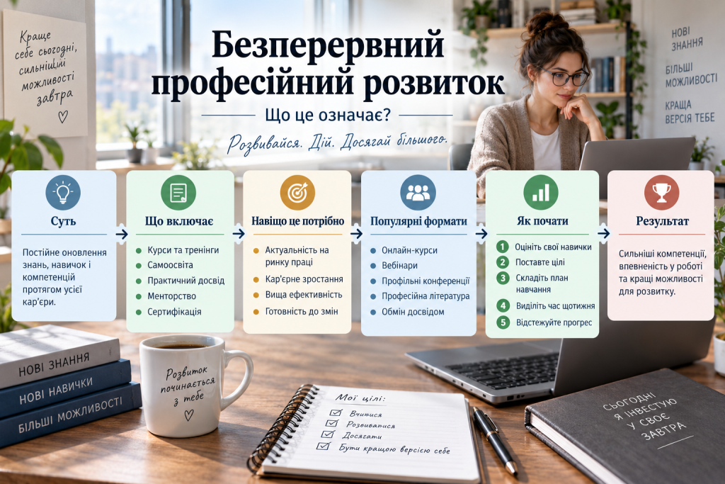 Інфографіка про безперервний професійний розвиток, навчання, курси, самоосвіту, кар’єрне зростання та способи вдосконалення професійних навичок.