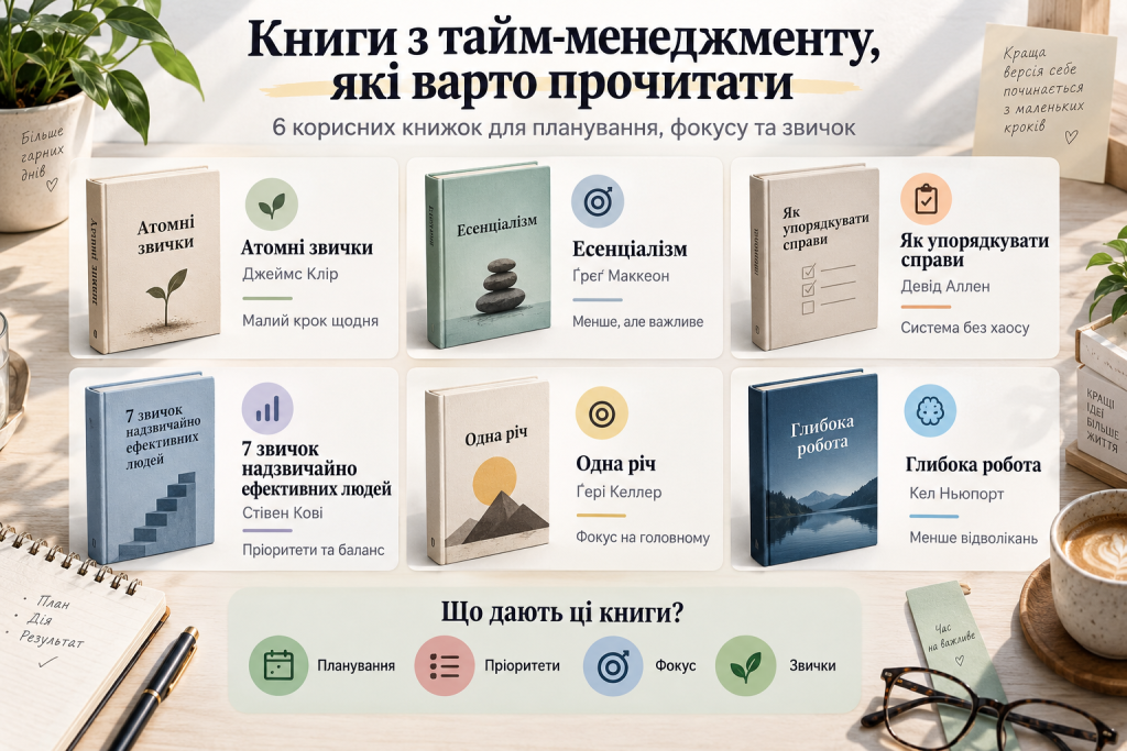 Інфографіка з добіркою популярних книг про тайм-менеджмент, планування, продуктивність, фокус і формування корисних звичок.