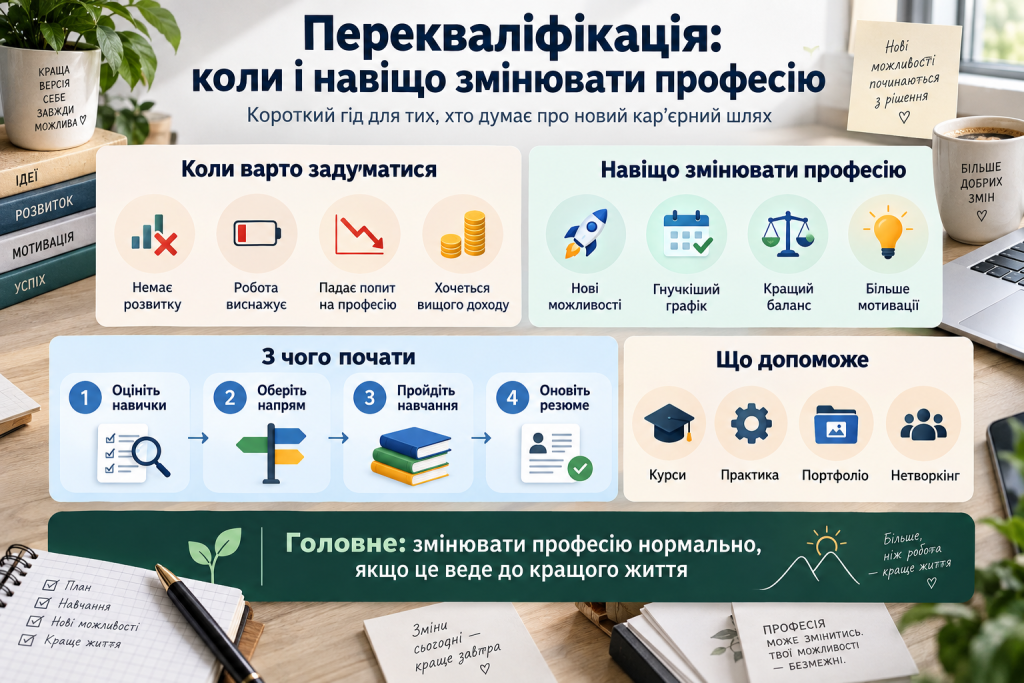 Інфографіка про перекваліфікацію та зміну професії: причини для нового кар’єрного шляху, навчання, розвиток навичок і пошук можливостей.