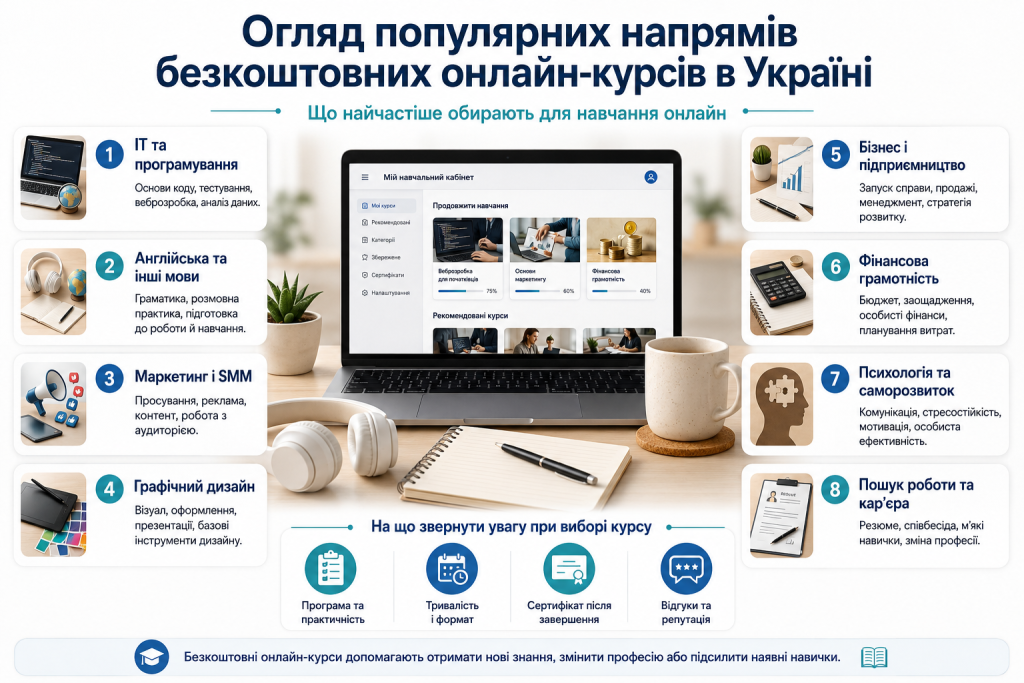 Інфографіка з популярними напрямками безкоштовних онлайн-курсів в Україні: IT, мови, маркетинг, дизайн, фінанси та бізнес