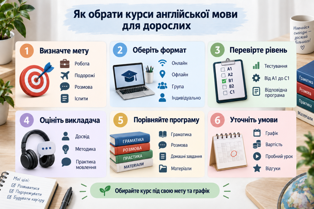 Інфографіка про вибір курсів англійської мови для дорослих за метою, форматом навчання, рівнем, програмою та вартістю