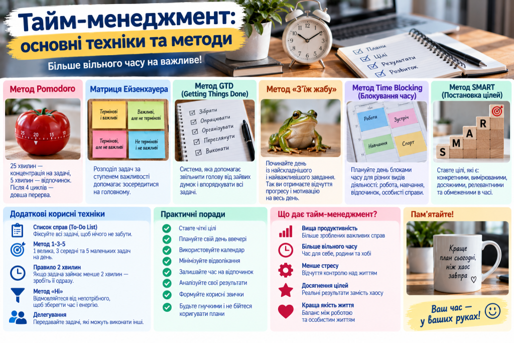 Інфографіка про популярні методи тайм-менеджменту Pomodoro, матрицю Ейзенхауера, GTD, Time Blocking, SMART та практичні поради з планування часу.