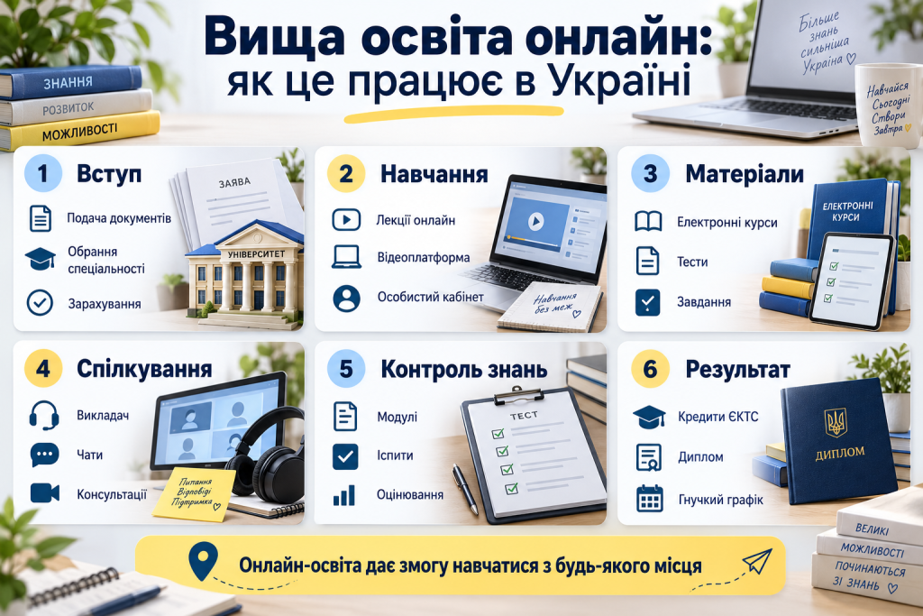 Інфографіка про вищу освіту онлайн в Україні — вступ, дистанційне навчання, електронні матеріали, спілкування з викладачами, контроль знань і отримання диплома